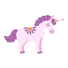 Cute lavender magical unicorn. Romantic magical, sleeping unicorn Hand drawn flat style isolated for Greeting card, poster, print, t-shirt, party concept, kids books, wallpapers. Vector illustration