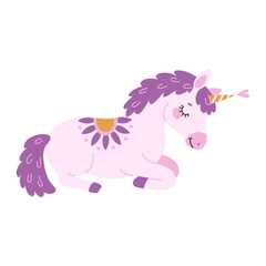 Cute lavender magical unicorn. Romantic magical, sleeping unicorn Hand drawn flat style isolated for Greeting card, poster, print, t-shirt, party concept, kids books, wallpapers. Vector illustration