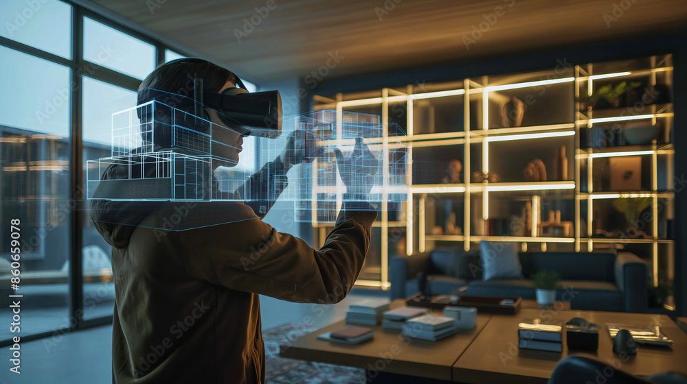 Aufkleber man in vr headset interacts with 3d architectural designs..delving into virtual reality to visualize