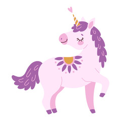 Cute lavender magical unicorn. Romantic magical pony Hand drawn flat style isolated for Greeting card, poster, print, t-shirt, party concept, kids books, wallpapers. Vector illustration