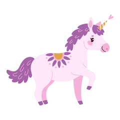 Cute lavender magical unicorn. Romantic magical pony Hand drawn flat style isolated for Greeting card, poster, print, t-shirt, party concept, kids books, wallpapers. Vector illustration