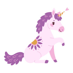 Cute lavender magical unicorn. Romantic magical unicorn sitting Hand drawn flat style isolated for Greeting card, poster, print, t-shirt, party concept, kids books, wallpapers. Vector illustration
