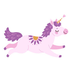 Cute lavender magical unicorn. Romantic magical, sleeping unicorn Hand drawn flat style isolated for Greeting card, poster, print, t-shirt, party concept, kids books, wallpapers. Vector illustration