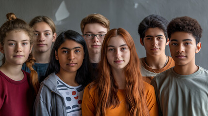 Obraz premium A diverse group of teenagers poses together, each expressing unique individuality...Portrait of a multiethnic group of teenagers showcasing unity and diversity in a modern setting