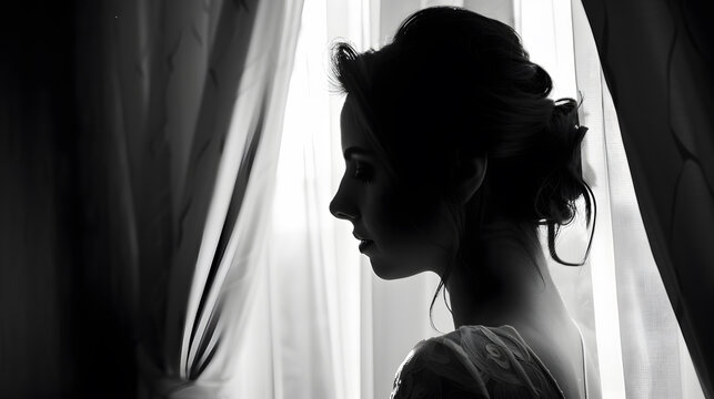 Beautiful bride  getting ready at hotel room Bridal happy moments Wedding picture in black and white : Generative AI