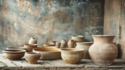 Assortment of pottery pieces on rustic wood table against distressed wall