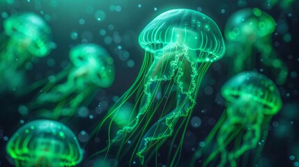 Naklejka premium Glowing jellyfish in the dark ocean