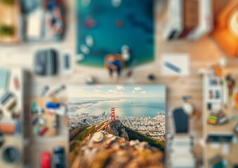 Aerial Cityscape with Artistic Office Environment Overlay