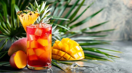 Vodka-based cocktail with pineapple, mango, and red syrup on ice. Can be enjoyed as a long drink or a cold summer mocktail. Photographed against a tropical backdrop with palm leaves and exotic fruits.