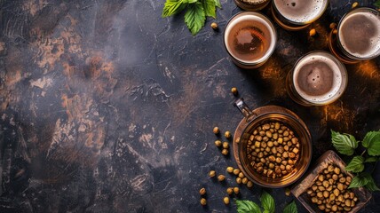 Assorted beers and peanuts on dark, rustic table with fresh hops leaves