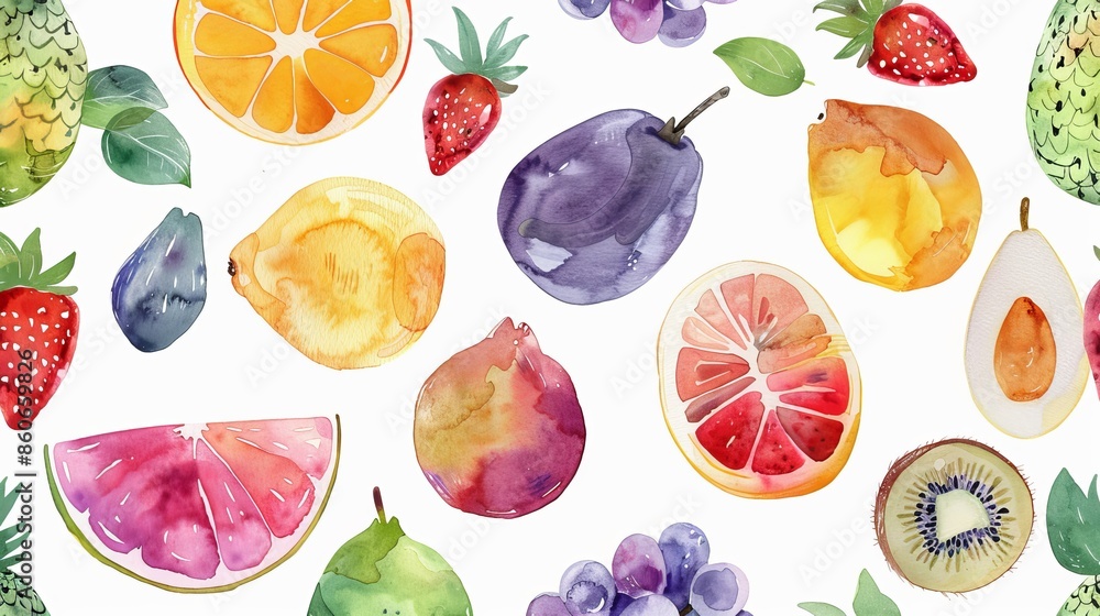 Poster watercolor fruits design for background with no repeating pattern