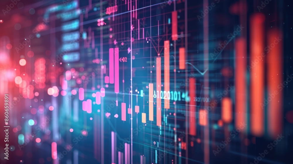 Poster abstract glowing financial chart with upward trend lines and overlay of digital data on dark backgro