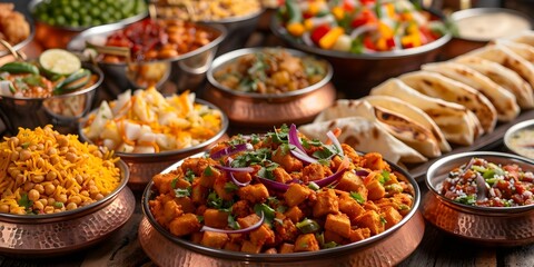 Obraz premium Tasty Indian street food snacks like Chaat Bhel Puri and Vada Pav. Concept Indian Street Food, Chaat Bhel Puri, Vada Pav, Tasty Snacks
