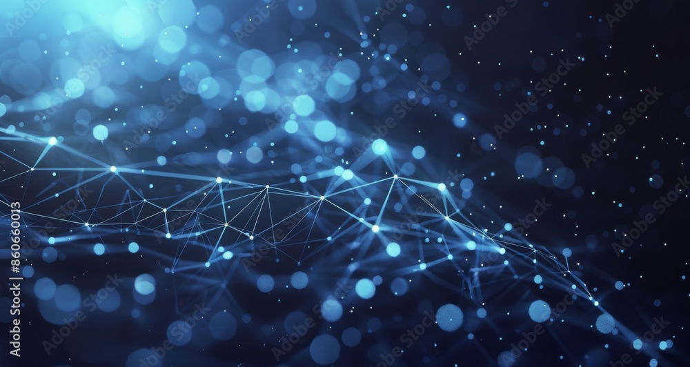 Poster abstract blue network with glowing lines and bokeh