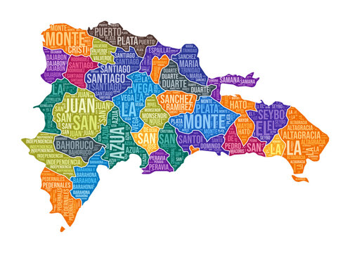 Dominican Republic shape. Country word cloud with region division. Dominican Republic colored illustration. Region names cloud. Vector illustration.