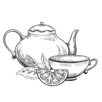 recommend clip art: Teapot and cup vintage vector sketch drawing