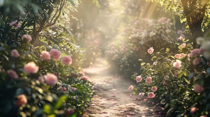 Fototapeta premium An ethereal scene of a garden path surrounded by soft-focus plants and flowers, evoking a dreamy and tranquil atmosphere, perfect for romance novels or wedding invitations