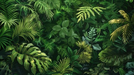 Fototapeta premium A vibrant and dense tropical rainforest scene featuring a diverse array of foliage. Generative AI