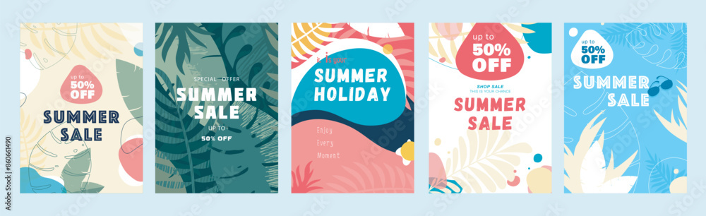 Wall mural summer sale cover brochure set in trendy flat design. summertime banner templates with decorative ju - Wall murals