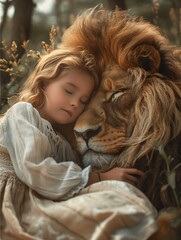 girl hugging lion field friend intimately holding close wearing crown furry creatures asleep healer jungle little remaining