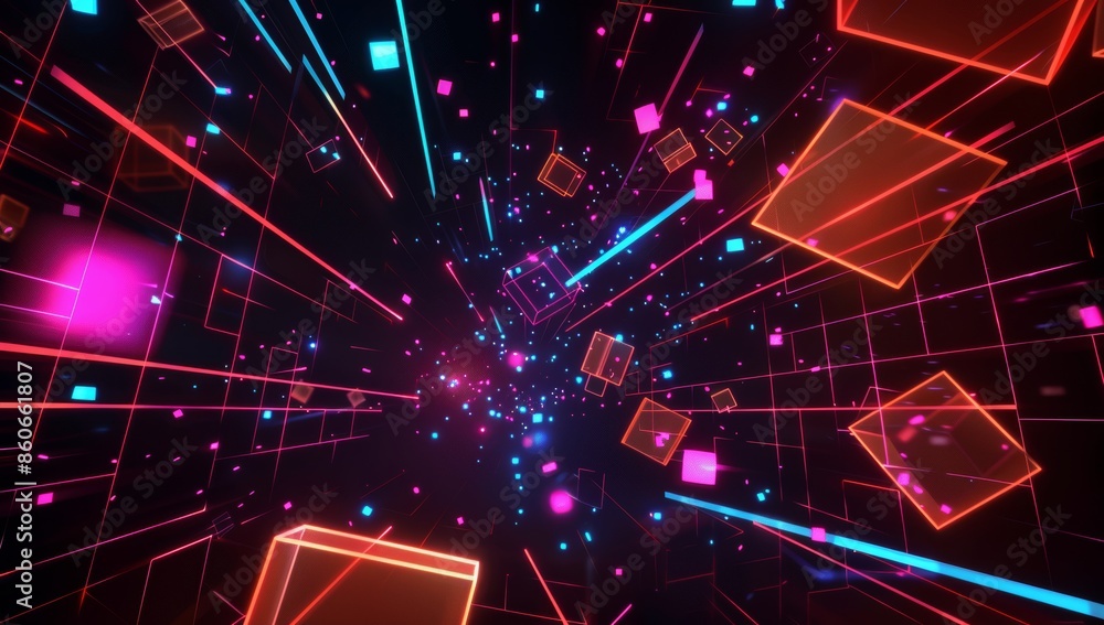Poster a dark background with neon grid lines and floating geometric shapes, creating an immersive virtual 