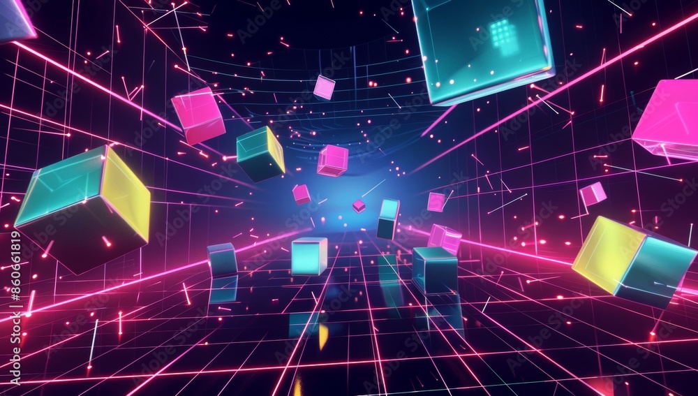 Poster a dark background with neon grid lines and floating geometric shapes, creating an immersive virtual 