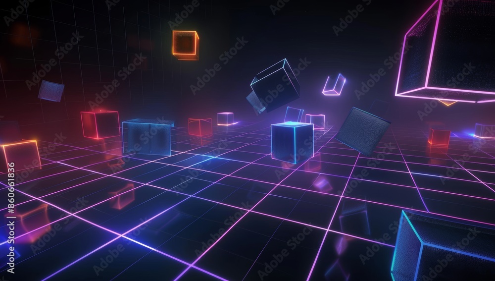 Poster a dark background with neon grid lines and floating geometric shapes, creating an immersive virtual 