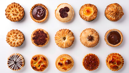 Fototapeta premium Assorted cakes and pies puffs, baked gluten-free on a white background, top view. homemade food