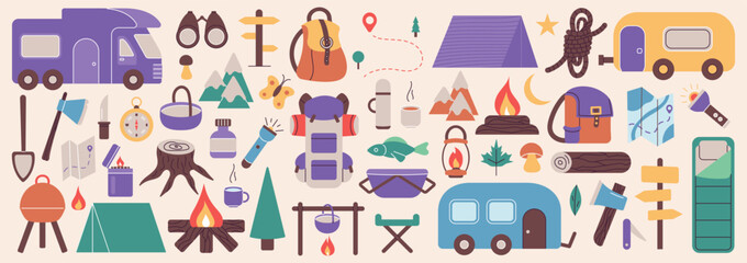 Set with things for traveling to the mountains. Fishing and outdoor summer camping. Hiking with backpacks. Summer vacation in the forest. Colorful vector illustration