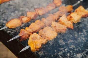 Shish Kebab is prepared on the grill