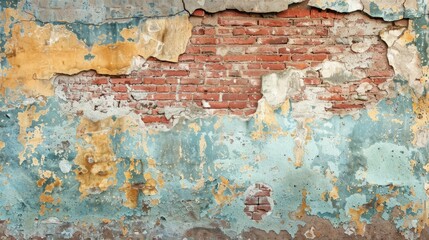 Weathered brick wall with peeling plaster