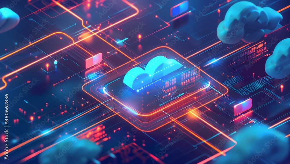 Poster working data cloud animation servers and supercomputers with cloud storage. internet artificial inte