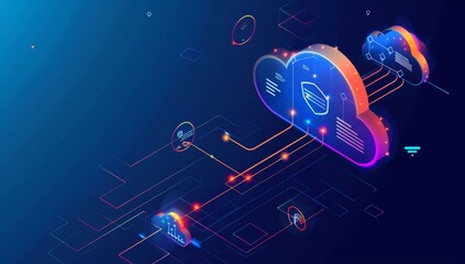 Working Data cloud animation Servers and Supercomputers with Cloud Storage. Internet Artificial intelligence. Technology web background.