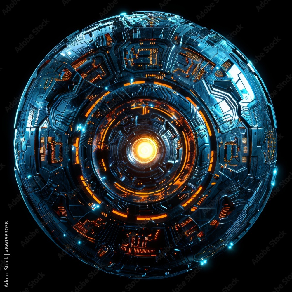 Poster 3d sphere with a futuristic cyberpunk design, using a blue and orange color palette, including circu