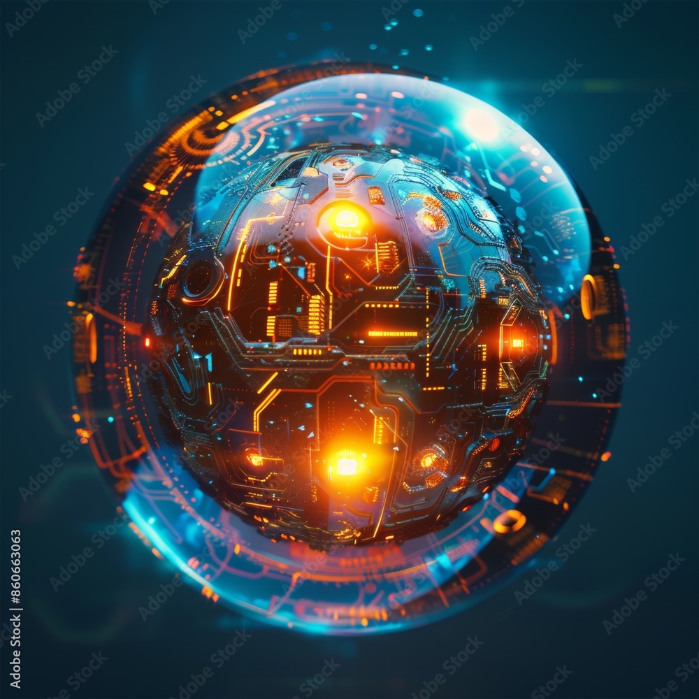 Poster 3d sphere with a futuristic cyberpunk design, using a blue and orange color palette, including circu
