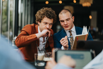 Two young businessmen are engaged in a professional discussion while reviewing documents and ideas in a modern coffee bar environment.