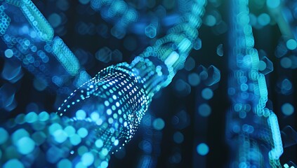 Blue digital chain symbolizing blockchain technology, with glowing data points representing various virtual blocks connected together in unbroken line, creating intricate background. block, network.