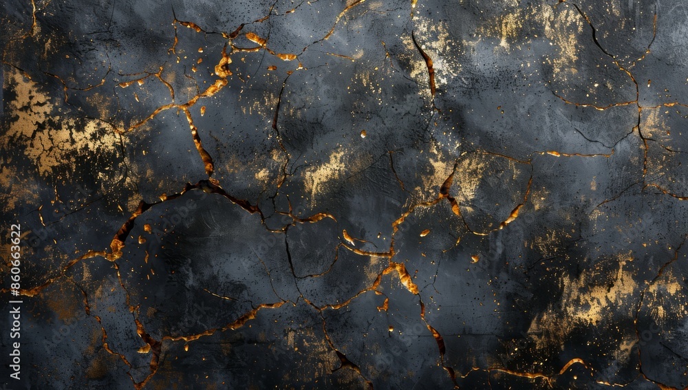 Poster dark gray and metallic texture with golden cracks, creating an abstract background for design or gra
