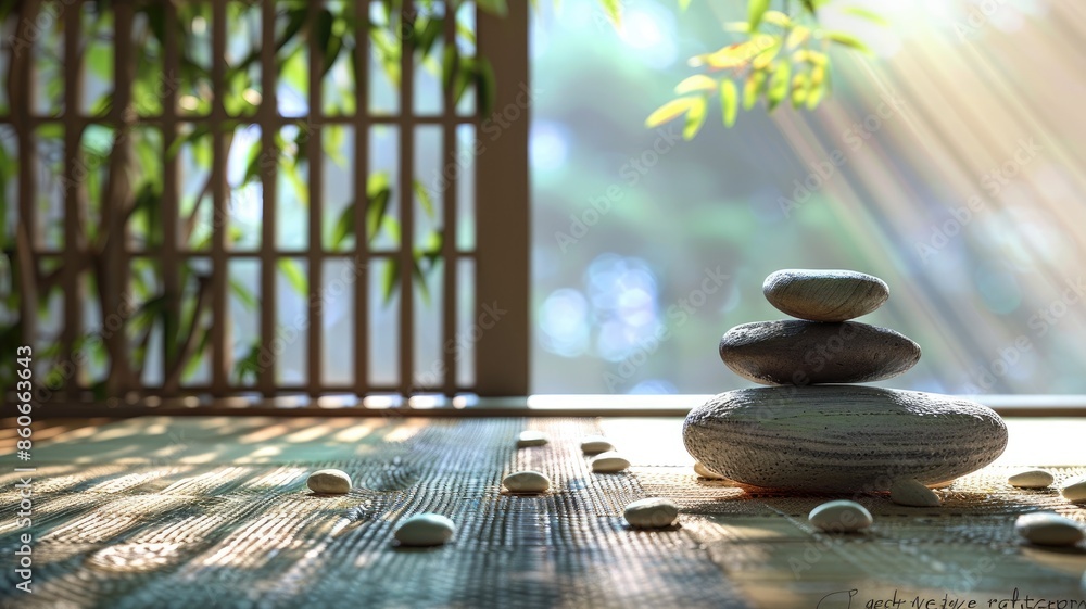 Poster zen stones stacked on each other with sunlight filtering through window