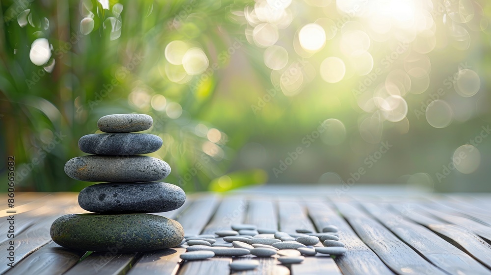 Poster balanced stack of five smooth stones on wooden surface, with greenery and bokeh in background