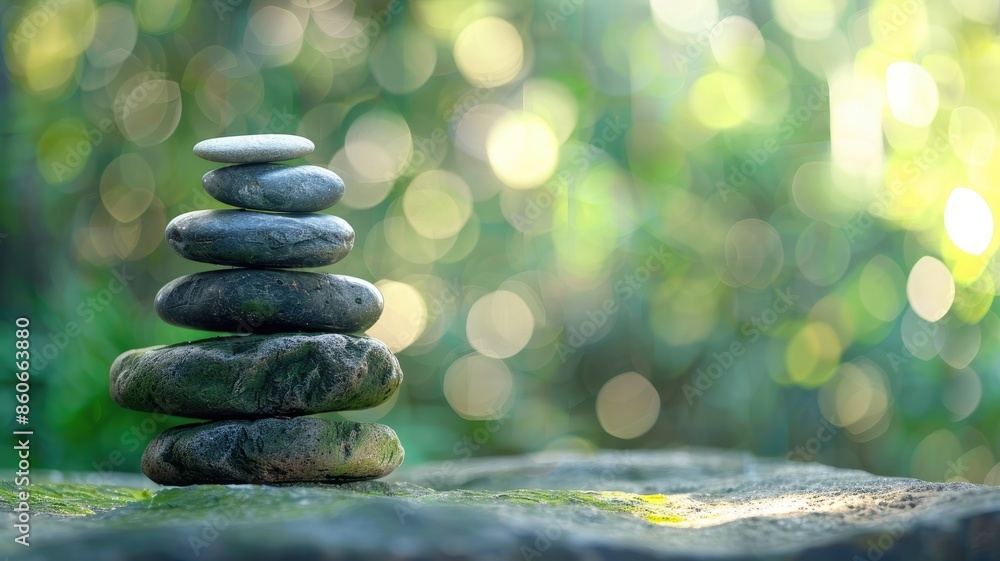 Poster stack of smooth stones balanced in tranquil forest setting with soft bokeh background
