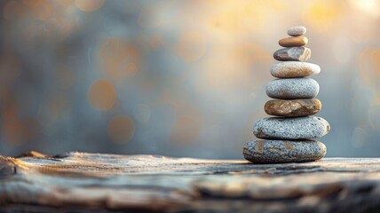 Obraz premium Stack of seven balanced stones on wooden surface with blurred golden background