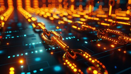 A closeup of an abstract digital chain, symbolizing the energy and flow in blockchain technology. The background is a dark blue with orange lights to highlight details on each link of the chain.