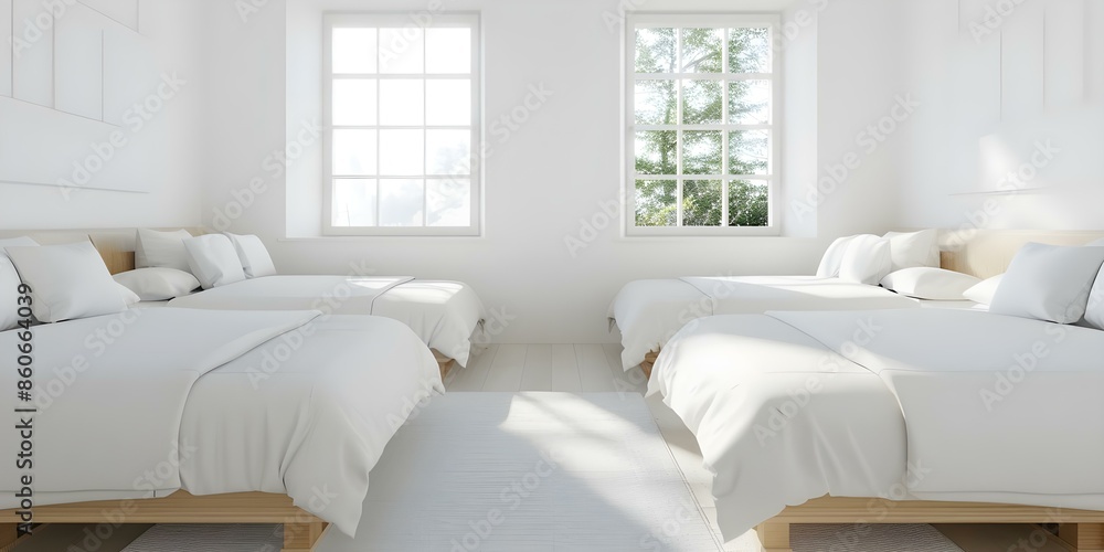Poster realistic 3d rendering of a clean and minimalist fourperson student dorm room. concept 3d rendering,