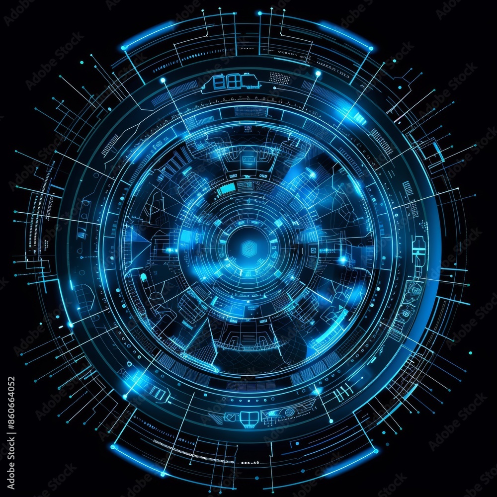 Fototapete a futuristic digital circular interface with glowing blue lines and holographic elements, representi