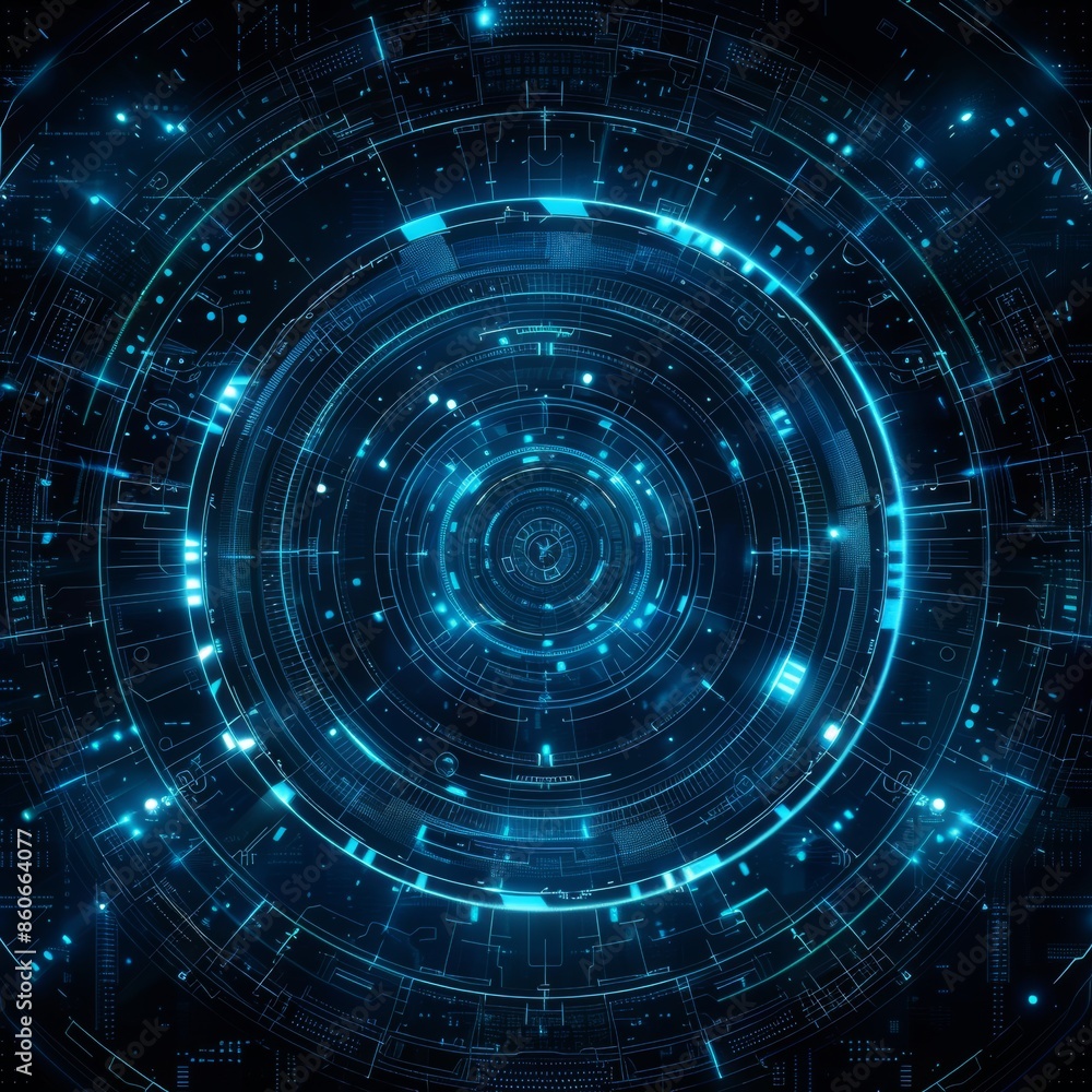 Fototapete a futuristic digital circular interface with glowing blue lines and holographic elements, representi