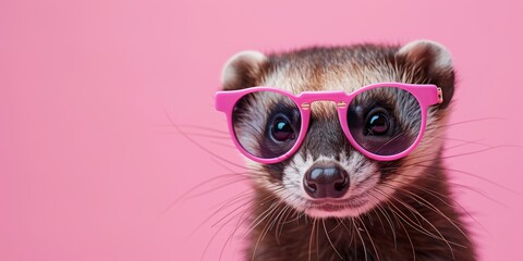 Chic Ferret in Pink Glasses on Pink Background A trendy ferret wearing stylish pink glasses posing on a matching pink background