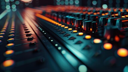 Fototapeta premium Close-up of sound mixing console with illuminated buttons and sliders at night