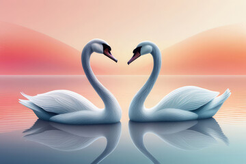 Fototapeta premium Beautiful watercolor of Elegant swans gracefully swim in the a beautiful sunset.