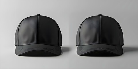 Front and back views of a blank black baseball cap mockup. Concept Black baseball cap mockup, Front and back views, Blank template, Product display, Design showcase